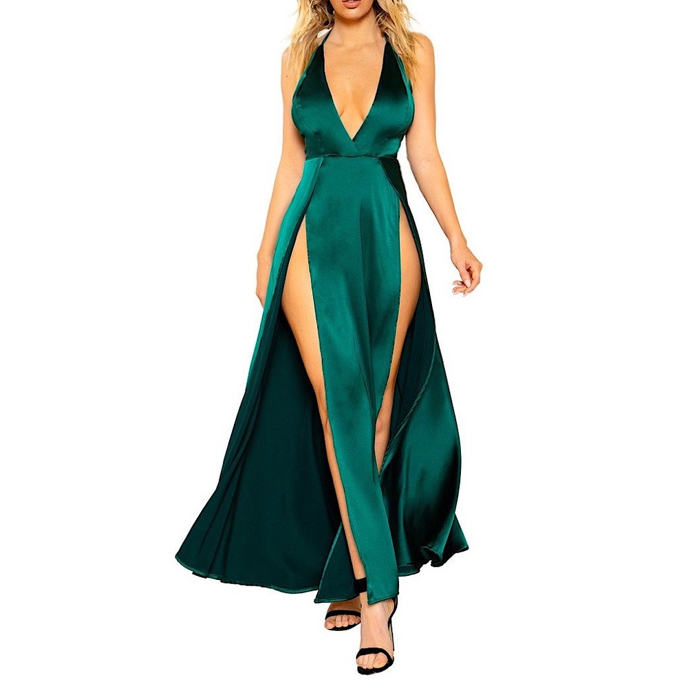 Emerald Green Double Slit Tie Back Plunging Halter Gown